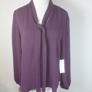 NEW Crescent & Willough Women's Purple 1/4 Button Tie Neck Top Blouse Medium